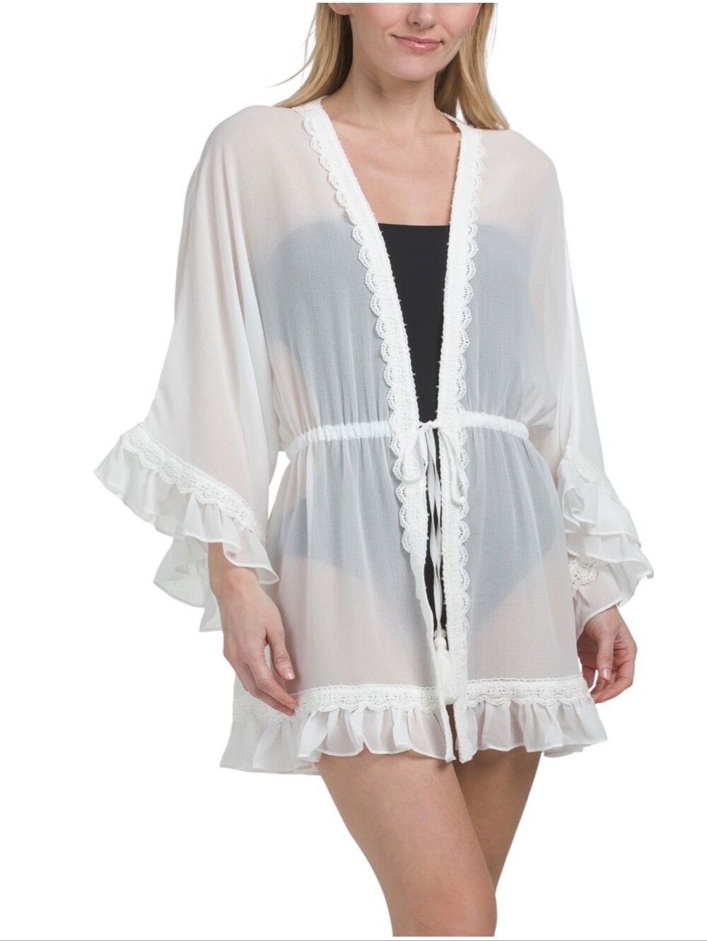 Ramy Brook White Sheer Lace-Trim Tie-Front Kimono